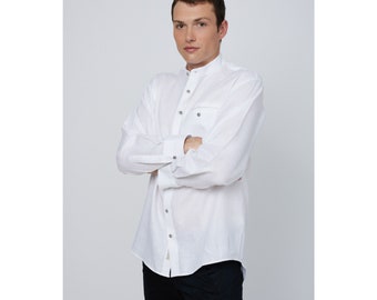 Classic Irish Linen Grandfather  Shirt - Errigal White - Classic Fit  - Unisex