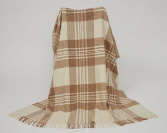 Irish Wool / Alpaca Throw -  Caramel / Oat  Plaid  - Handcrafted - One Size