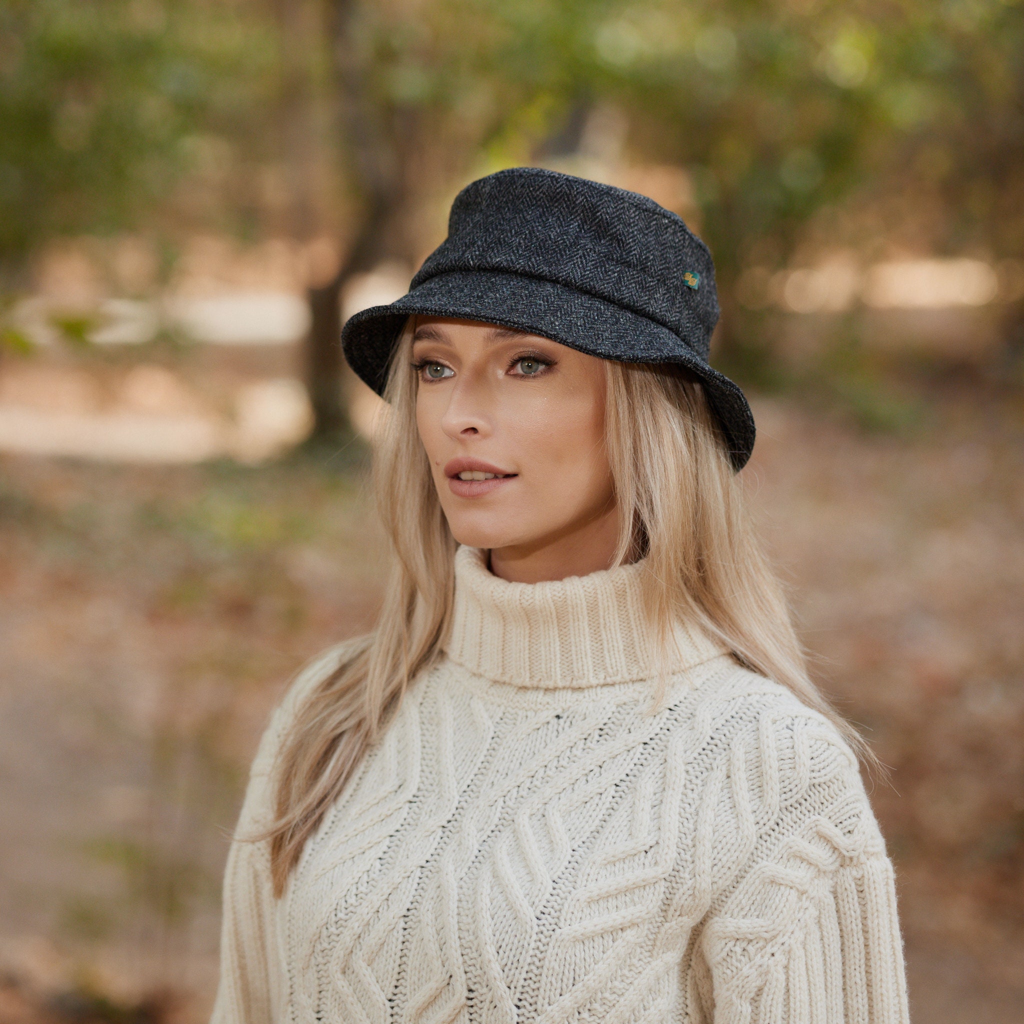 Irish Donegal Tweed Bucket Hat - Charcoal Herringbone