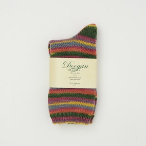 Irish Wool Walking Socks - Green/Orange Multi Stripe  Fairisle - Handcrafted - Size M =  UK 4-7 (EUR 37- 41 / US 5.5 - 8.5)