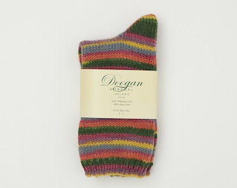 Irish Wool Walking Socks - Green/Orange Multi Stripe  Fairisle - Handcrafted - Size M =  UK 4-7 (EUR 37- 41 / US 5.5 - 8.5)