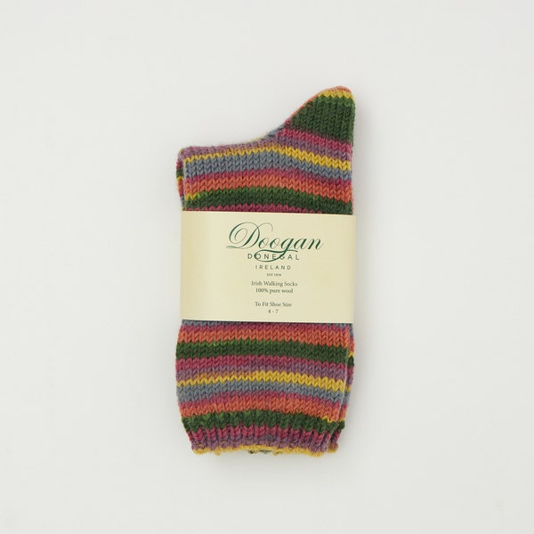 Irish Wool Walking Socks - Green/Orange Multi Stripe  Fairisle - Handcrafted - Size M =  UK 4-7 (EUR 37- 41 / US 5.5 - 8.5)