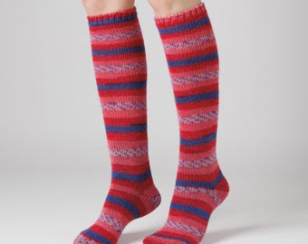 Irish Knee Length Wool Walking Socks - Pink / Blue  Fairisle - Handcrafted