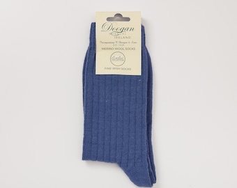 Calcetines de lana merino irlandesa - Azul vaquero irlandés - Talla L = Reino Unido 8-12 (EUR 42-47 / EE.UU. 8,5- 12)