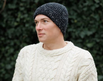 Irish Rib Merino Wool Ski Hat  -  Donegal Graphite Fleck    - Handmade - Ireland - One Size - Unisex