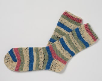 Wandelsokken van Ierse wol - Blauw/roze/crème Fairisle - Handgemaakt - Maat M = UK 4-7 (EUR 37-41 / US 5,5 - 8,5)