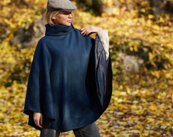 Irish - Donegal Tweed Cape/Poncho - Navy  Herringbone  - Ireland - Handcrafted - Ladies - One Size - Long