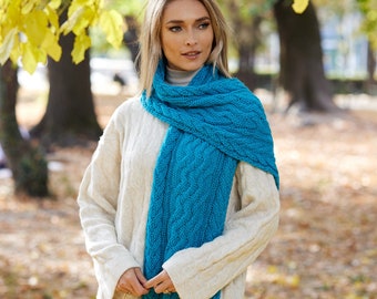 Irlandais - 100% Laine Mérinos Aran Foulard - Bleu Mer d’Irlande - Fait main - Irlande - Taille unique - Unisexe