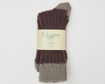 Chaussettes de marche en laine irlandaise - Marron / Gris - Fabriquées à la main - Taille L = UK 8-12 (EUR 42-47 / US 8.5-12)