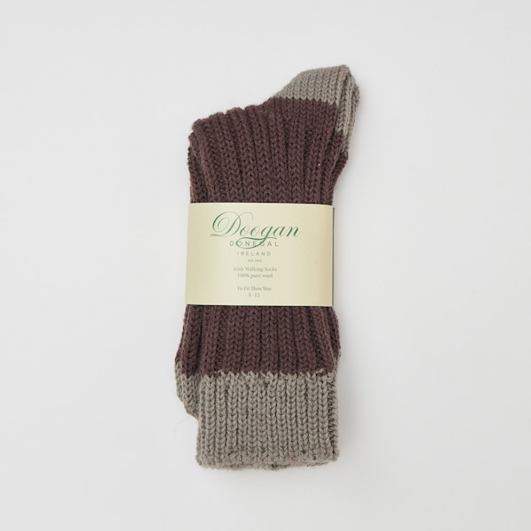 Irish Wool Walking Socks -  Brown / Grey - Handcrafted - Size L =  UK 8-12 (EUR 42-47 / US 8.5- 12)