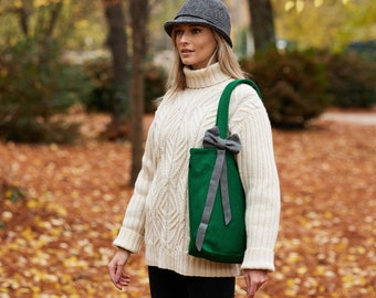 Irish Donegal Tweed Melton / Linen Tote Bag - St Patrick Green - Artisanal - Taille Moyenne