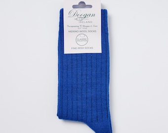 Chaussettes irlandaises en laine mérinos - Bleu royal d'Irlande - Taille L = UK 8-12 (EUR 42-47 / US 8.5-12)