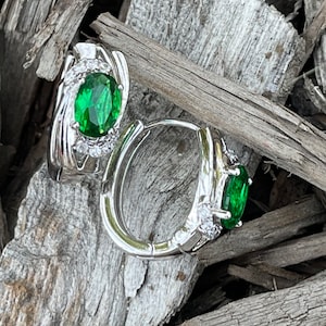14k Cuff Earrings dipped in white gold plated, Cuff Earrings with Emerald green Cubic zirconia, Minimalist