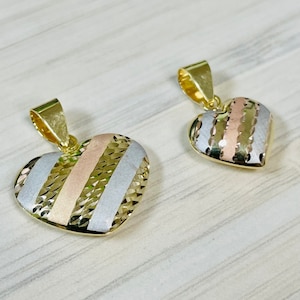 14k Tri-Color Stripe Heart pendant, Dainty Gold White, Yellow and Rose Heart Charm, Available in Small and Medium, Minimalist, Kids Women