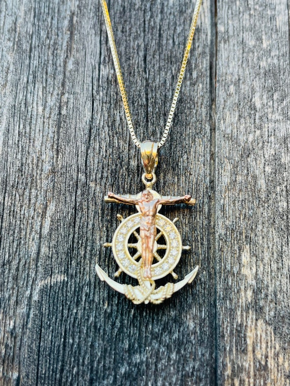 Handmade 14k Tri-color Gold Jesus Crucifix Anchor Pendant