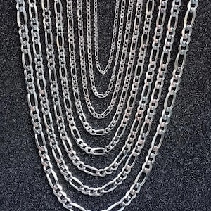 New 925 Silver White Figaro Necklace Chain, 3mm to 9mm, Italian Silver Chain, Men and Women, 16” 18” 20” 22” 24” 26” 28” 30”