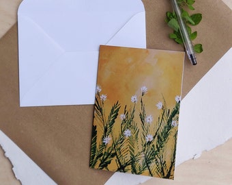 Wild Flower Greetings Card, Art Print Card, Blank Notecard, Yellow and White Painted Flowers