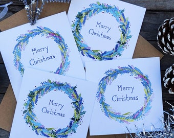 Set of 4 Christmas Wreath Cards, Two different designs with Kraft Envelopes, Merry Christmas Nature Christmas Cards