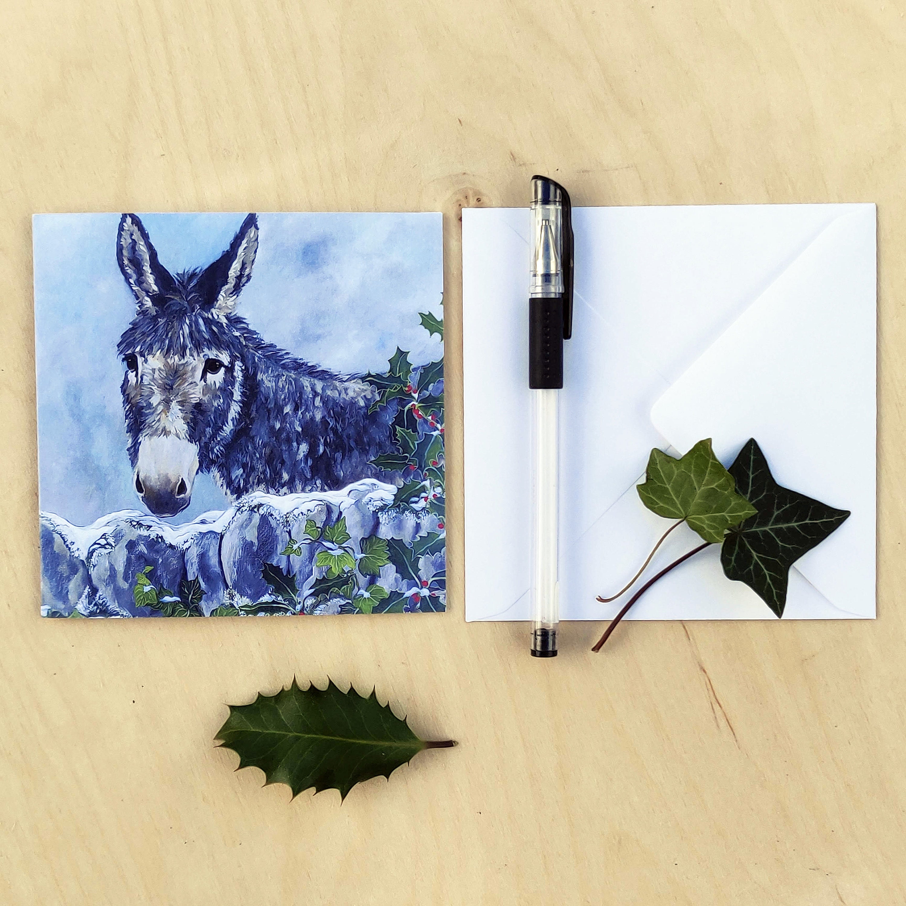 Set of 4 Christmas Donkey Cards, Donkey Art Card Set With Envelopes