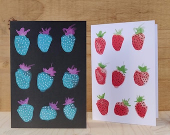 Strawberries Card Set, Strawberry Watercolour and Ink Cards, Printed Art Greetings Cards, Set of Two Blank Notecards