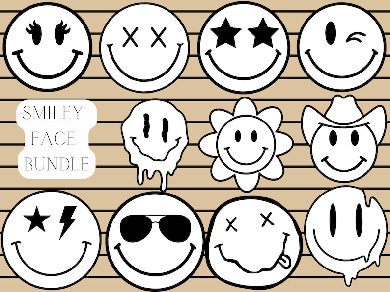 May include: A set of 10 black and white smiley face illustrations. The smiley faces have different expressions, including sunglasses, stars, and a cowboy hat. The text "SMILEY FACE BUNDLE" is at the top of the image.