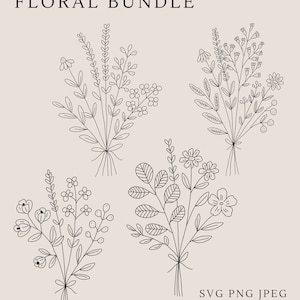 Puede incluir: Cuatro dibujos en blanco y negro de ramos de flores. Cada ramo está compuesto por diferentes tipos de flores y hojas. Los ramos están dispuestos en una cuadrícula. El texto "FLORAL BUNDLE" está en la parte superior de la imagen. El texto "SVG PNG JPEG COURTSHANDMADECRAFTS" está en la parte inferior de la imagen.