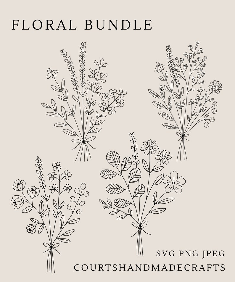 May include: Four black and white line drawings of floral bouquets. Each bouquet is made up of different types of flowers and leaves. The bouquets are arranged in a grid pattern. The text "FLORAL BUNDLE" is at the top of the image. The text "SVG PNG JPEG COURTSHANDMADECRAFTS" is at the bottom of the image.