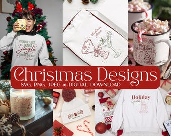 Puede incluir: Un collage de diseños navideños. Incluye una sudadera blanca con el texto "Probably just gonna jingle", una bolsa con cordón con una ilustración de cóctel, una taza con "Merry Christmas", una vela, un gorro y una sudadera con "Holiday Spirit".