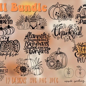 May include: A set of 12 black and white digital designs featuring fall-themed illustrations and text. The designs include pumpkins, leaves, apples, gnomes, and phrases like "hello pumpkin", "flannels & pumpkins", "thankful", and "autumn leaves & pumpkins please".