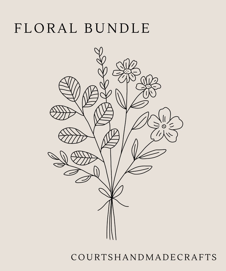 May include: Black and white line drawing of a floral bouquet with the text "FLORAL BUNDLE" above and "COURTSHANDMADECRAFTS" below.