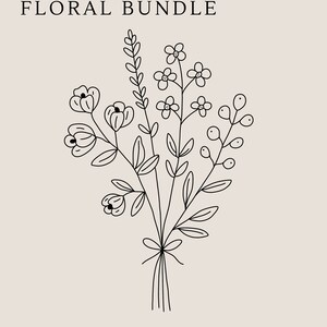 May include: A black and white line drawing of a floral bouquet with the text "FLORAL BUNDLE" at the top and "COURTSHANDMADECRAFTS" at the bottom.