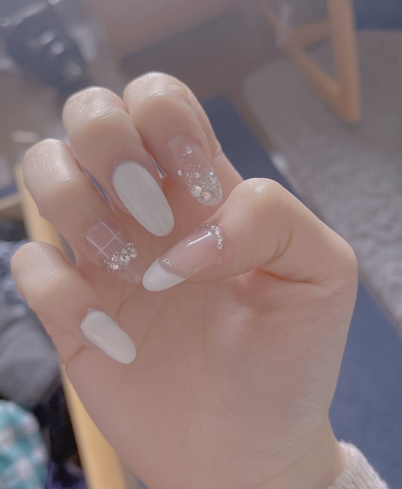 Korean Inspired White Nail Gem Art Press on Nails Etsy