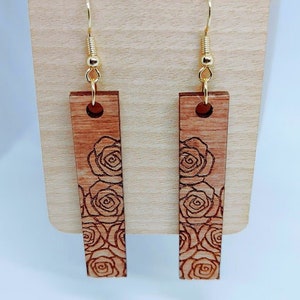Wood Earrings, are super cute and lightweight. Wooden Dangle Earrings, Roses, Flowers, Engraved, Laser Cut, Jewelry, Gift for Her,