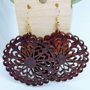 These wood earrings are super cute and lightweight. Wooden Dangle Earrings, Round Detailed, Laser Cut, Jewelry, Gift for Her,
