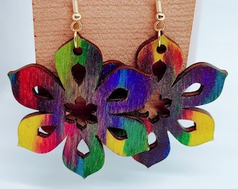 Hand painted, Wooden Dangle Earrings, Flower, Laser Cut, Jewelry, Gift for Her