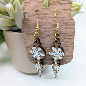 Wood Dangle Earrings, Detailed, Engraved, Snowflake, Laser Cut, Jewelry, Gift for Her