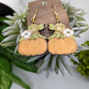 Hand-painted, Wooden Dangle Earrings, Detailed Engraved, Pumpkins, Thanksgiving, Halloween, Laser Cut, Jewelry, Gift for Her