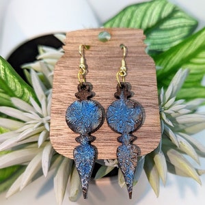 Hand Painted, Watercolor, Wood Dangle Earrings, Detailed, Engraved, Snowflake, Laser Cut, Jewelry, Gift for Her