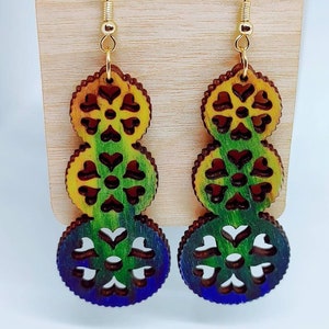 Hand painted, Wooden Dangle Earrings, Circle Hearts, Laser Cut, Jewelry, Gift for Her