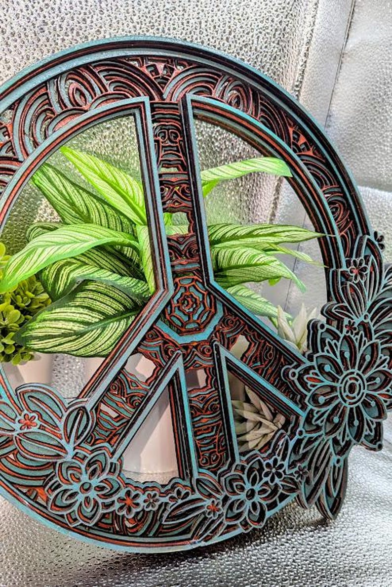 6-layer Wood Floral Peace Sign Stained With Weathered Copper and Sedona ...