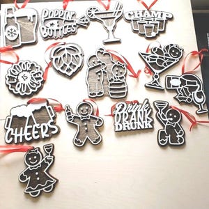 14 ORNEMENTS ALCOOLISÉS, thème, coquine, pain d&#39;épice, décorations de Noël, alcool, vin, boire, cadeau bâillon, adulte