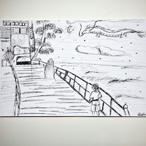 May include: Black and white ink drawing of a scene from a Japanese animated film. A girl stands on a bridge, facing a spirit. A dragon flies in the sky above the water. Buildings and trees are on the left side of the bridge.
