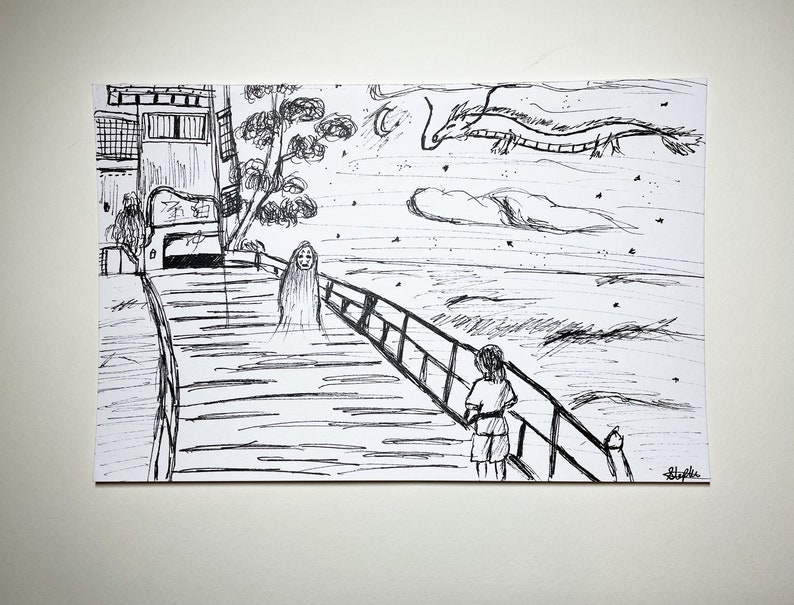 May include: Black and white ink drawing of a scene from a Japanese animated film. A girl stands on a bridge, facing a spirit. A dragon flies in the sky above the water. Buildings and trees are on the left side of the bridge.