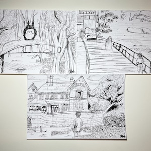 May include: A series of black and white ink drawings inspired by animated films. One features a bridge with a Totoro character, another a girl on a bridge with a dragon, and a third a house with a person in front.