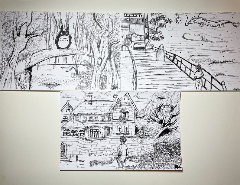 May include: A series of black and white ink drawings inspired by animated films. One features a bridge with a Totoro character, another a girl on a bridge with a dragon, and a third a house with a person in front.