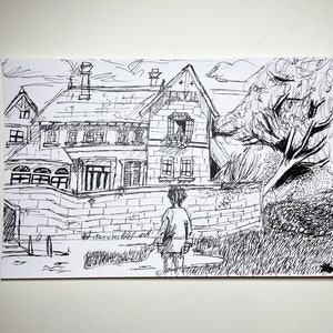 May include: Ink drawing of a house and a person, rendered in black and white. The house features a brick facade, multiple windows, and a detailed roof. A person stands in front of the house. The artwork is on white paper.