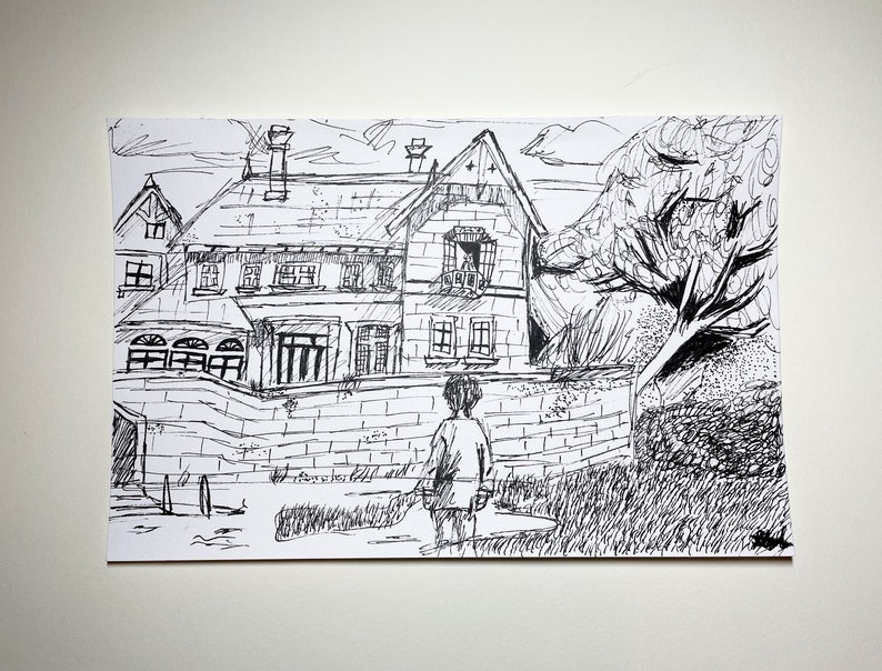 May include: Ink drawing of a house and a person, rendered in black and white. The house features a brick facade, multiple windows, and a detailed roof. A person stands in front of the house. The artwork is on white paper.