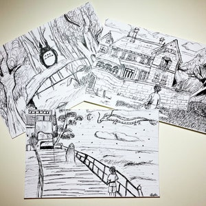 May include: Four black and white ink drawings, each depicting scenes from animated films. The illustrations include a forest scene with a creature, a house, and a bridge with figures. The drawings are detailed and illustrative in style.