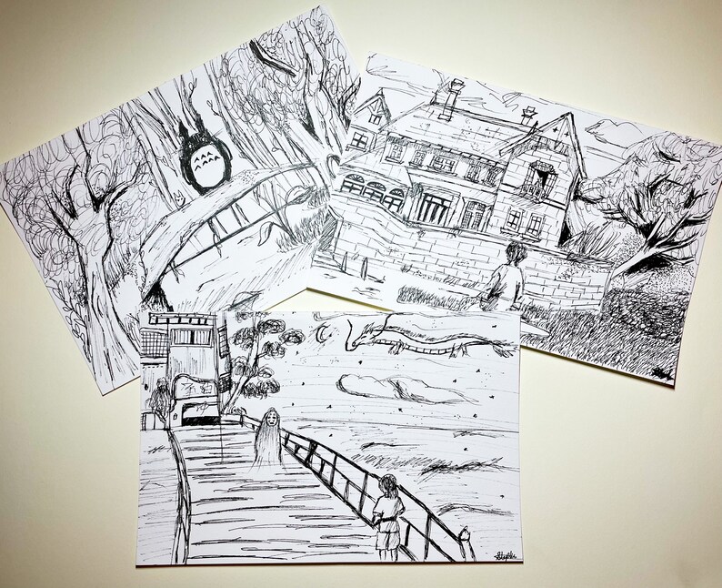 May include: Four black and white ink drawings, each depicting scenes from animated films. The illustrations include a forest scene with a creature, a house, and a bridge with figures. The drawings are detailed and illustrative in style.