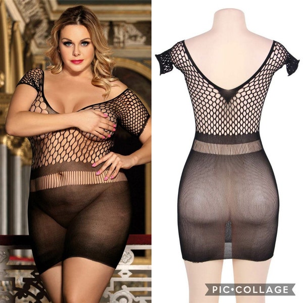 Plus size black deep v neck fishnet mesh mini bodystocking lingerie dress